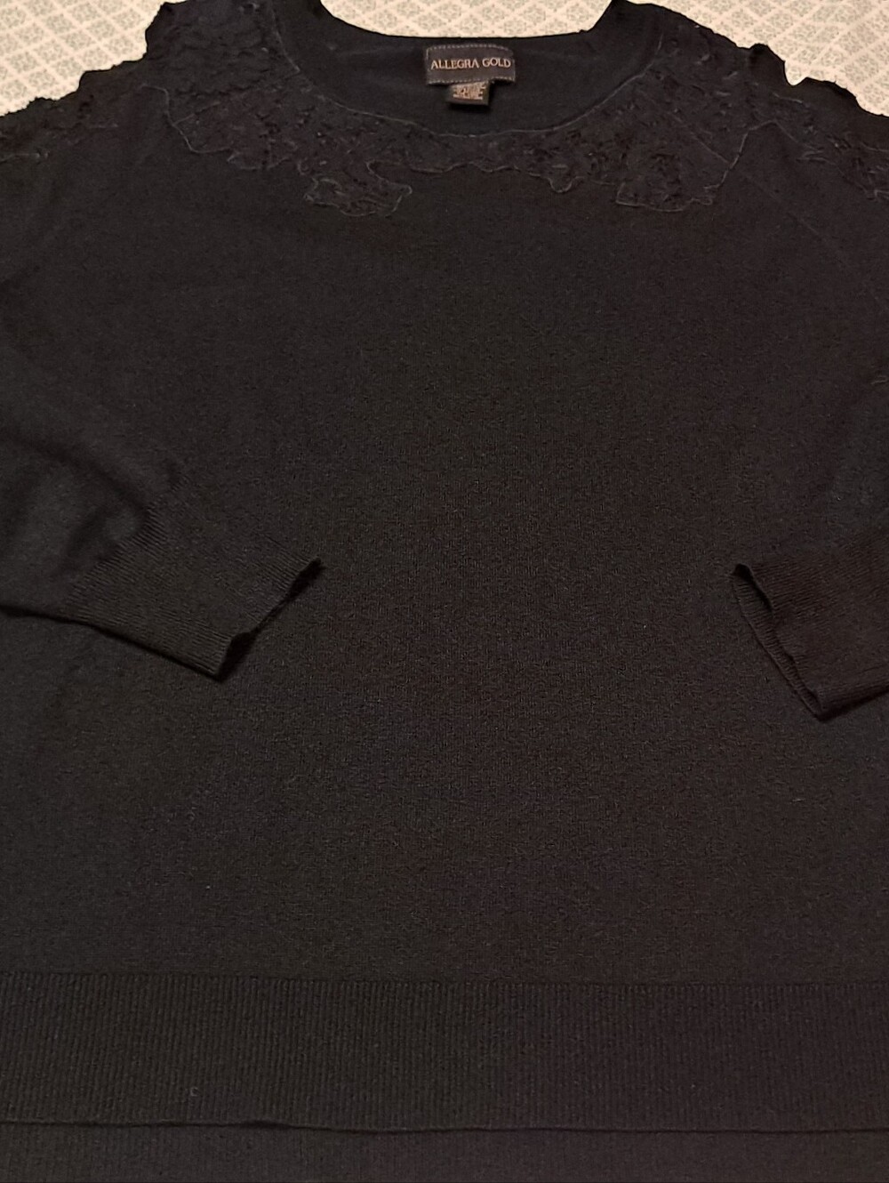 Allegra Gold Black Crewneck Sweater with Lace Trim Peekaboo Shoulders. Sz XL